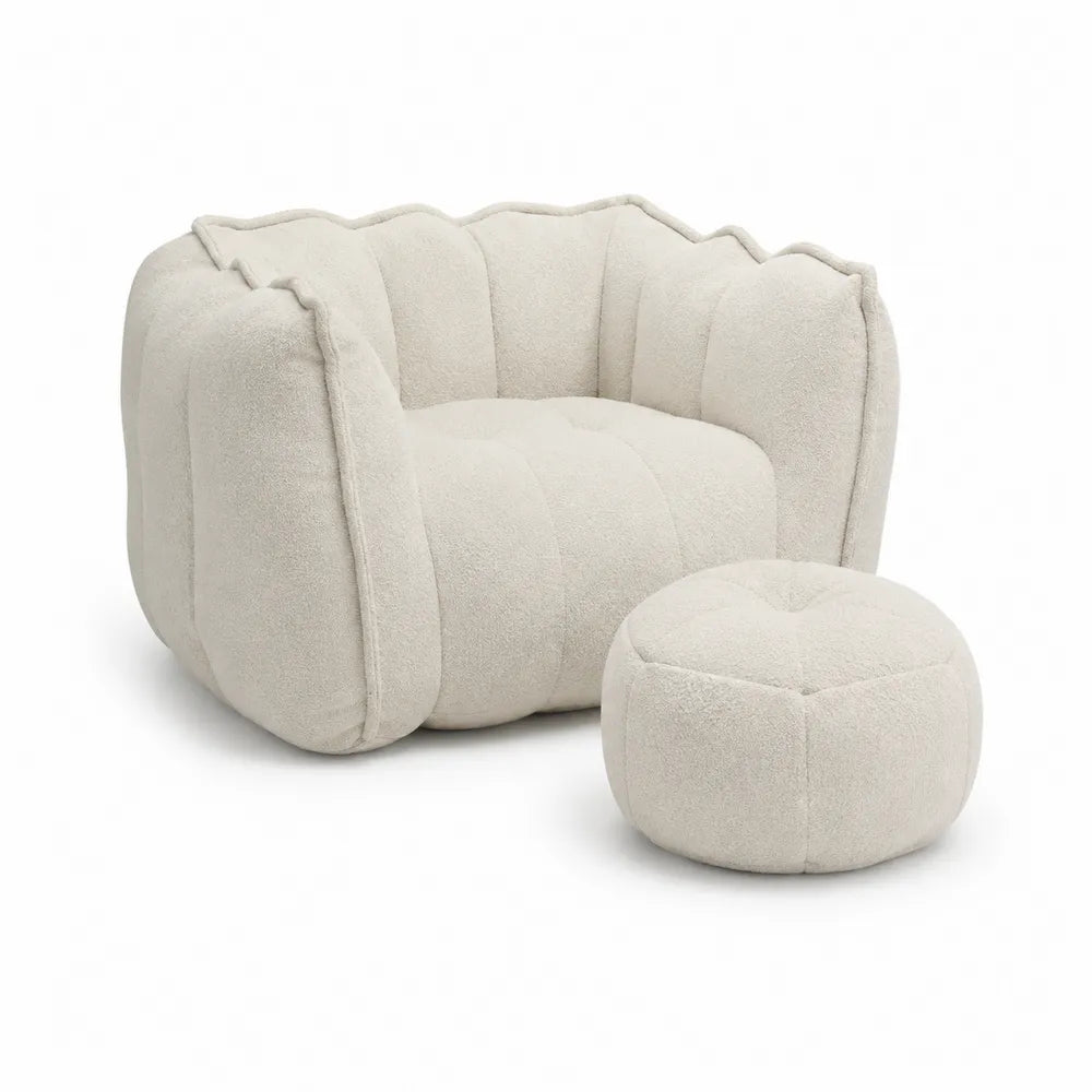 Bouclé Sessel mit Hocker Beige