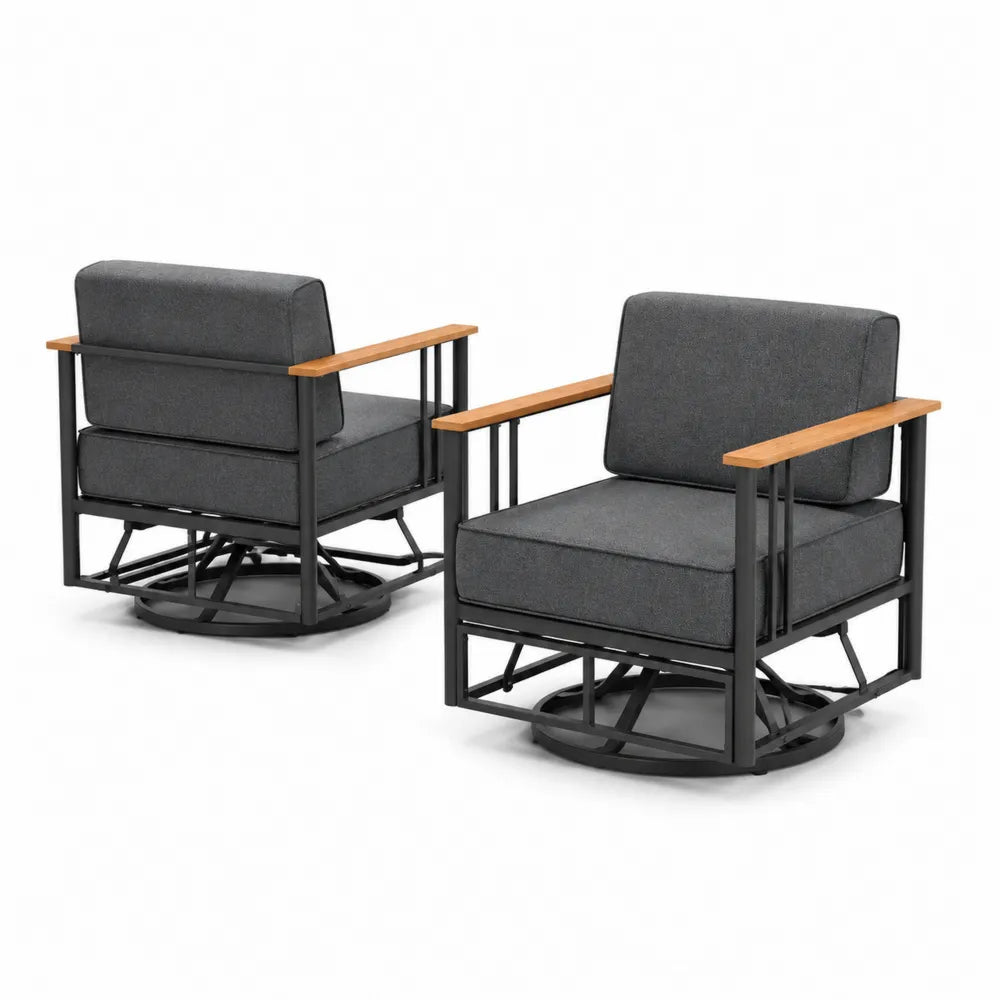 2er Set Drehbare Gartenstühle mit Akazienholzarmlehnen, Metallrahmen, Dunkelgrau