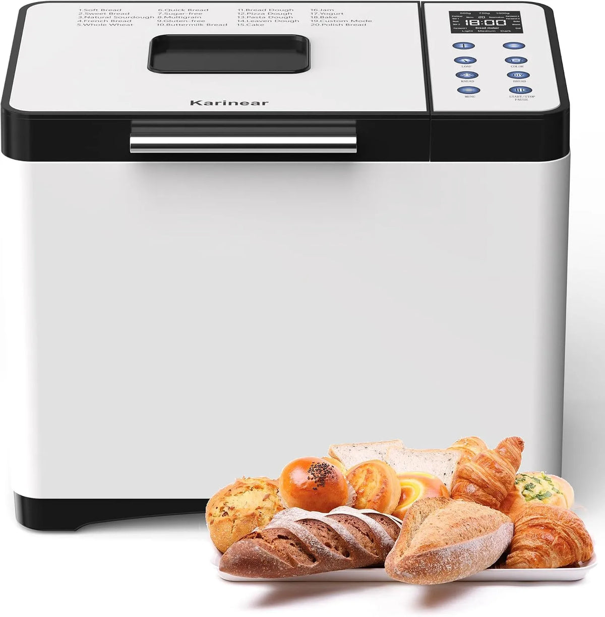 Broodbakmachine met 15 uur, 1 uur, 20 programma's, Timer, RVS en wit