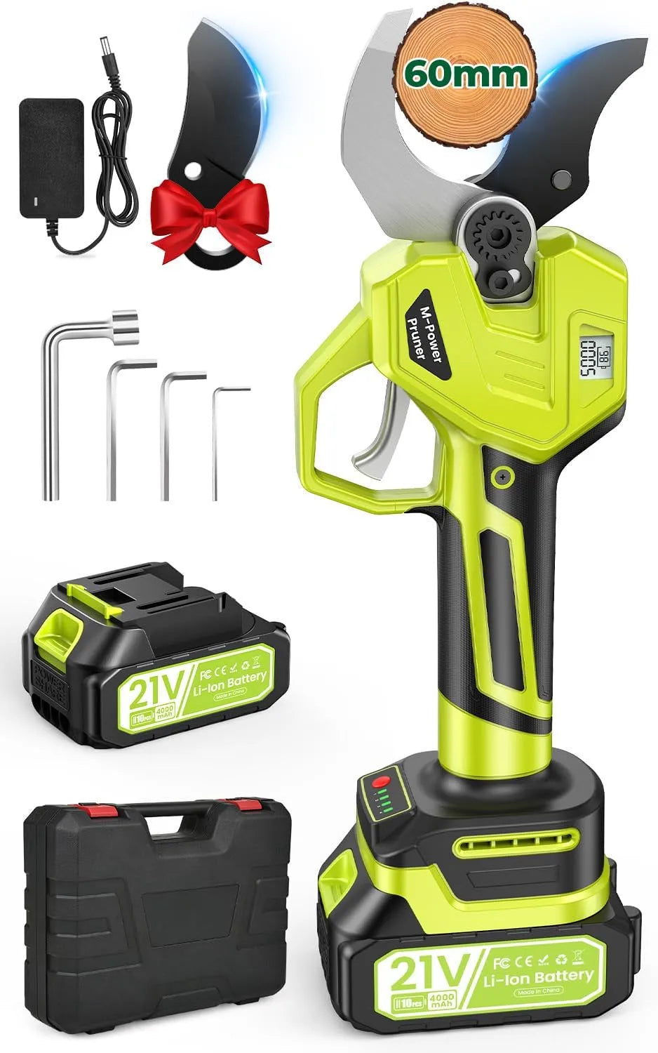 Elektrische snoeischaar, Draadloze SK7-blad, 1200 W professionele elektrische snoeischaar met 4 snijstanden, 4000 mAh accu en scherp SK7-blad