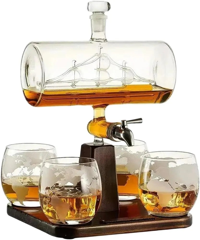ZBDZSW Creatieve Antieke Boot Vorm Karaf Rode Wijn Whisky Glas 1 Beugel 4 Cup Combinatieset met 23 x 23 x 40 cm, 15,5 inch, 1100ml, RVS, bruin
