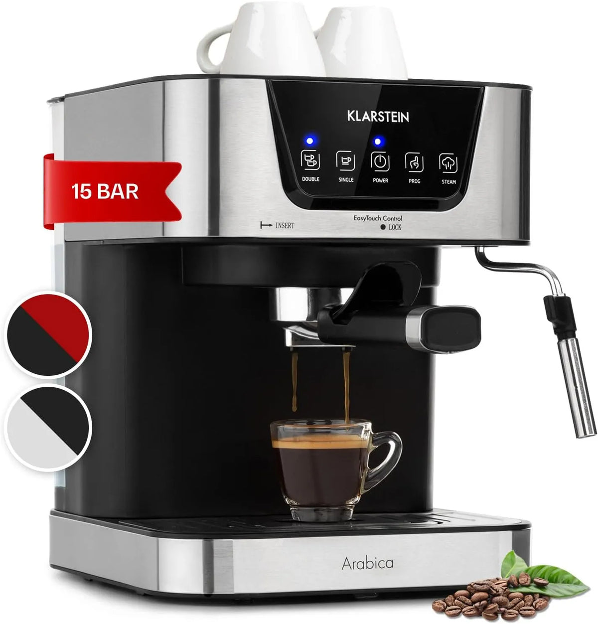 Espressomachine met 1,5 l, 15 bar, digitaal display en RVS, Klarstein 1,5 l filterdragermachine voor 2 kopjes koffie