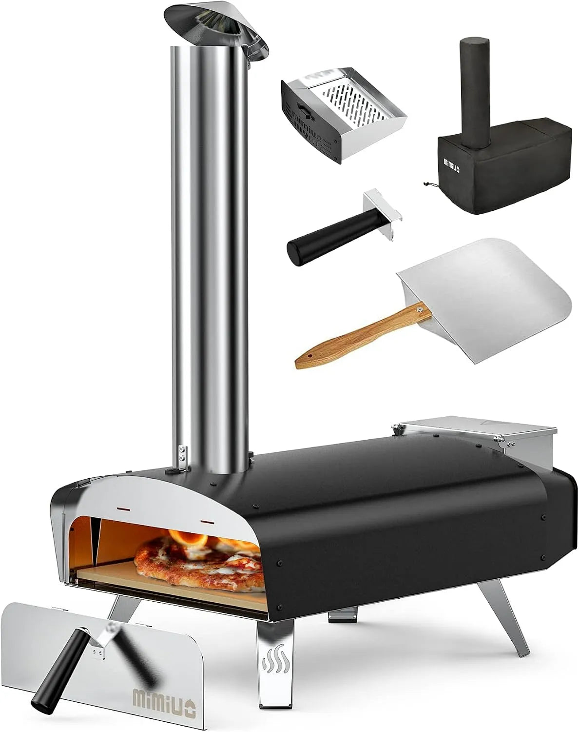 Inbouwoven, klassieke W-oven met zwarte coating, met pizzasteen en opvouwbare pizzaschil.