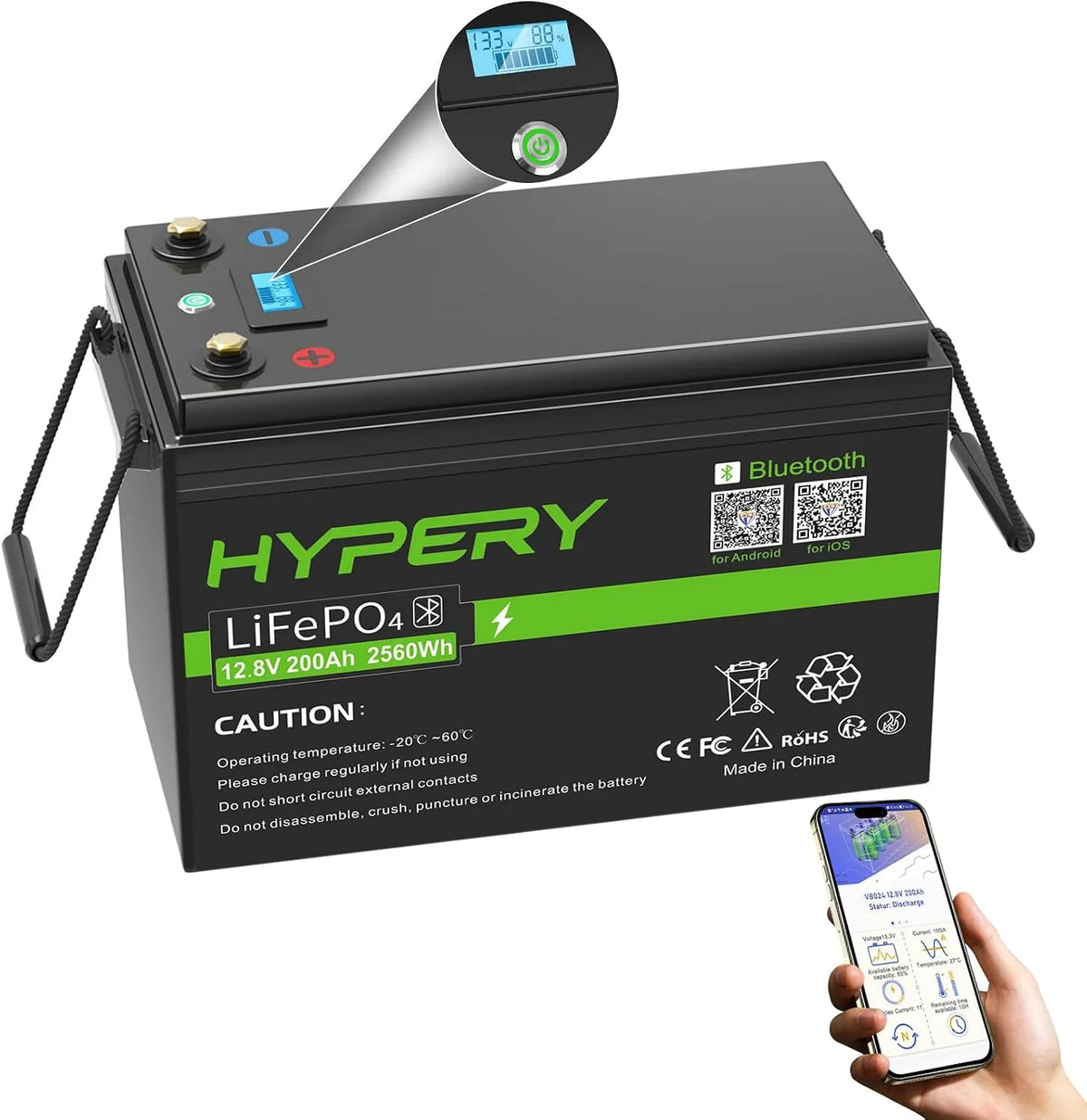 12V, Smart 12V 200Ah LiFePO4 accu met Bluetooth, model LiFePO4, lithium accu voor campers, LED-scherm, veiligheidsschakelaar en BMS