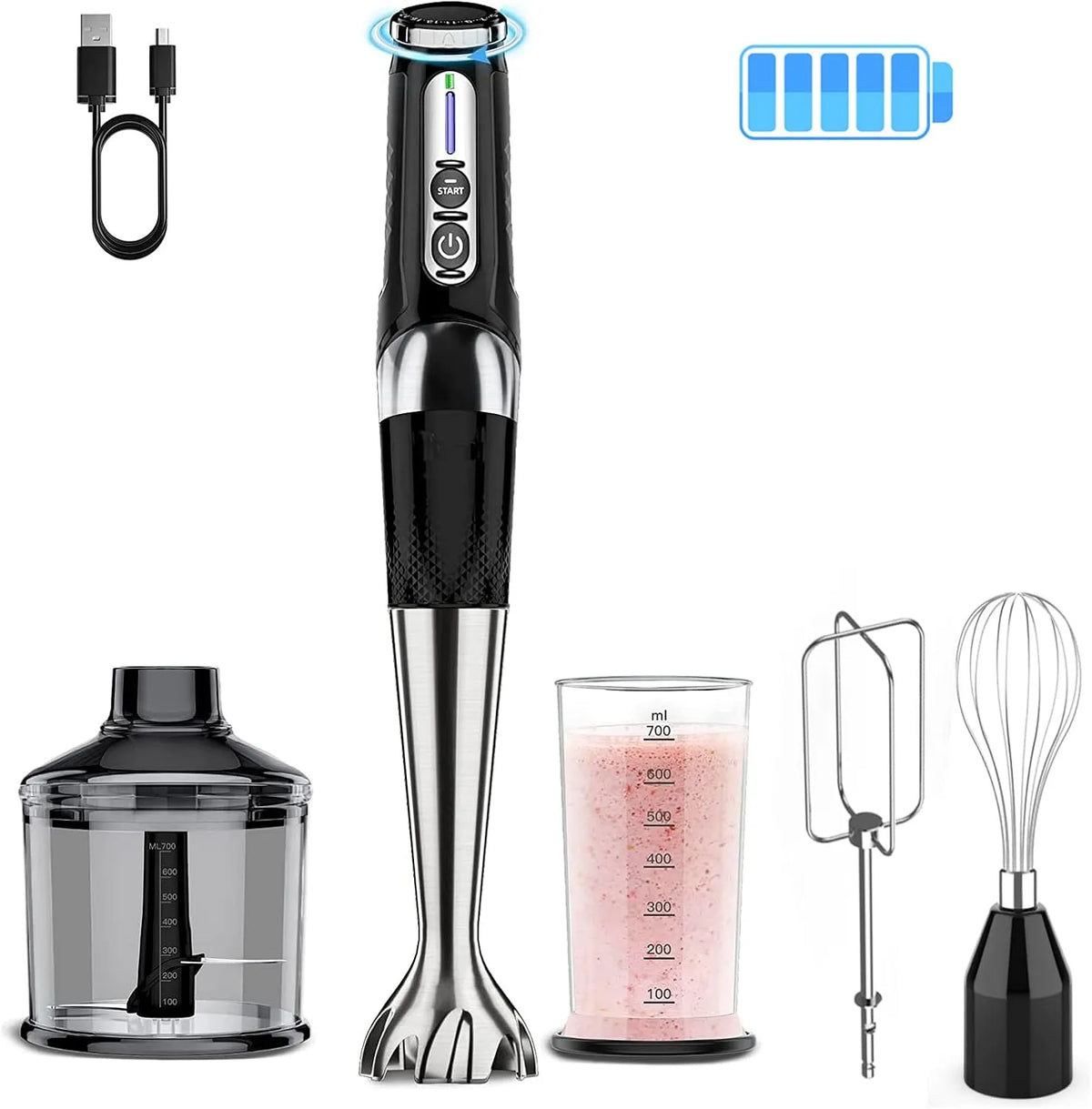 Molen met 4-in-1, 21 snelheden, USB, op accu, draadloze werking, RVS en zwart