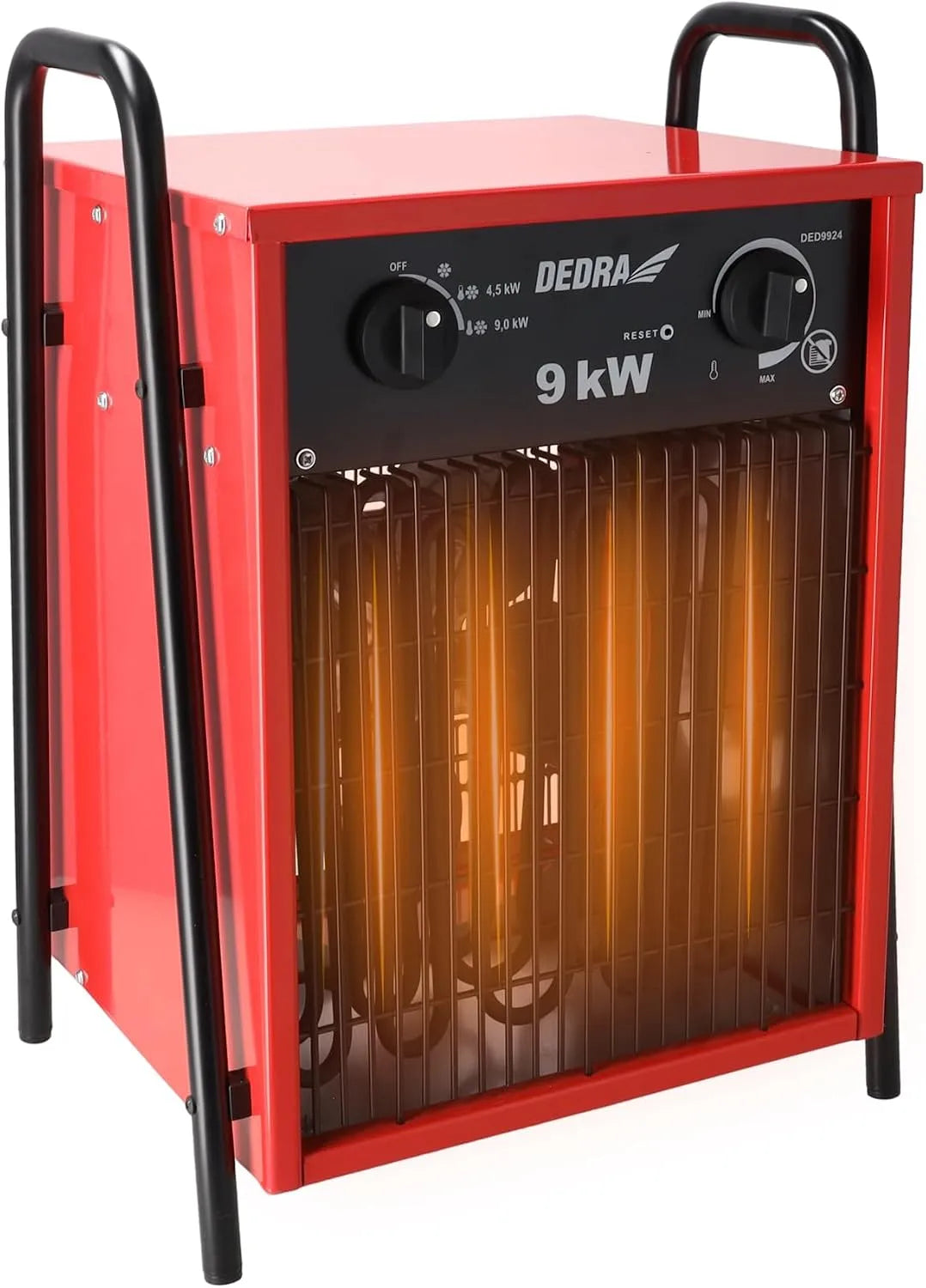 DEDRA elektrische luchtverwarmer 9 kW met 9 kW, 400 V, 9.000 W, 4.500 W, 90 m2, 708 m3/h, regelbare thermostaat en gerichte luchtcirculatie