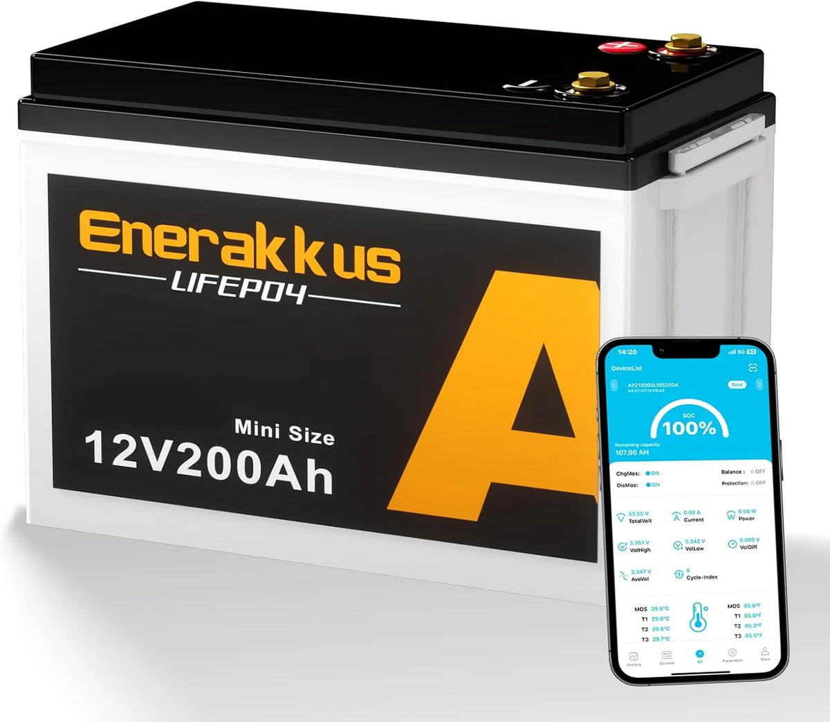 Enerskus 12V 200AH LiFePO4 lithiumbatterij in miniformaat LiFePO4 met 12V, 2560Wh, Bluetooth en zonne-energie