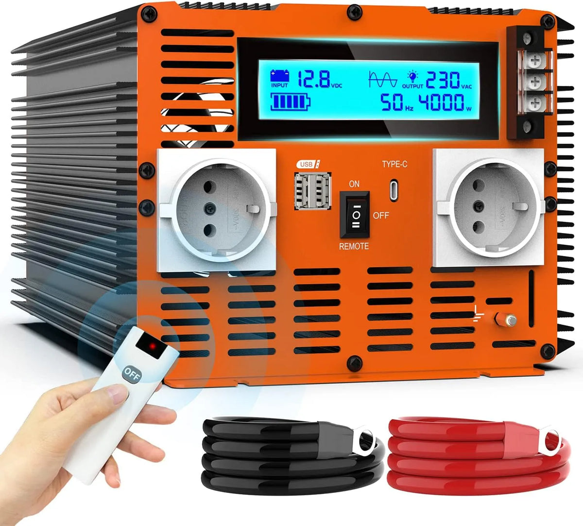 Spanningsomvormer, USB, 2 x 3,4 A, Omvormer Zuivere Sinus 12V naar 230V 4000 W Spanningsomvormer