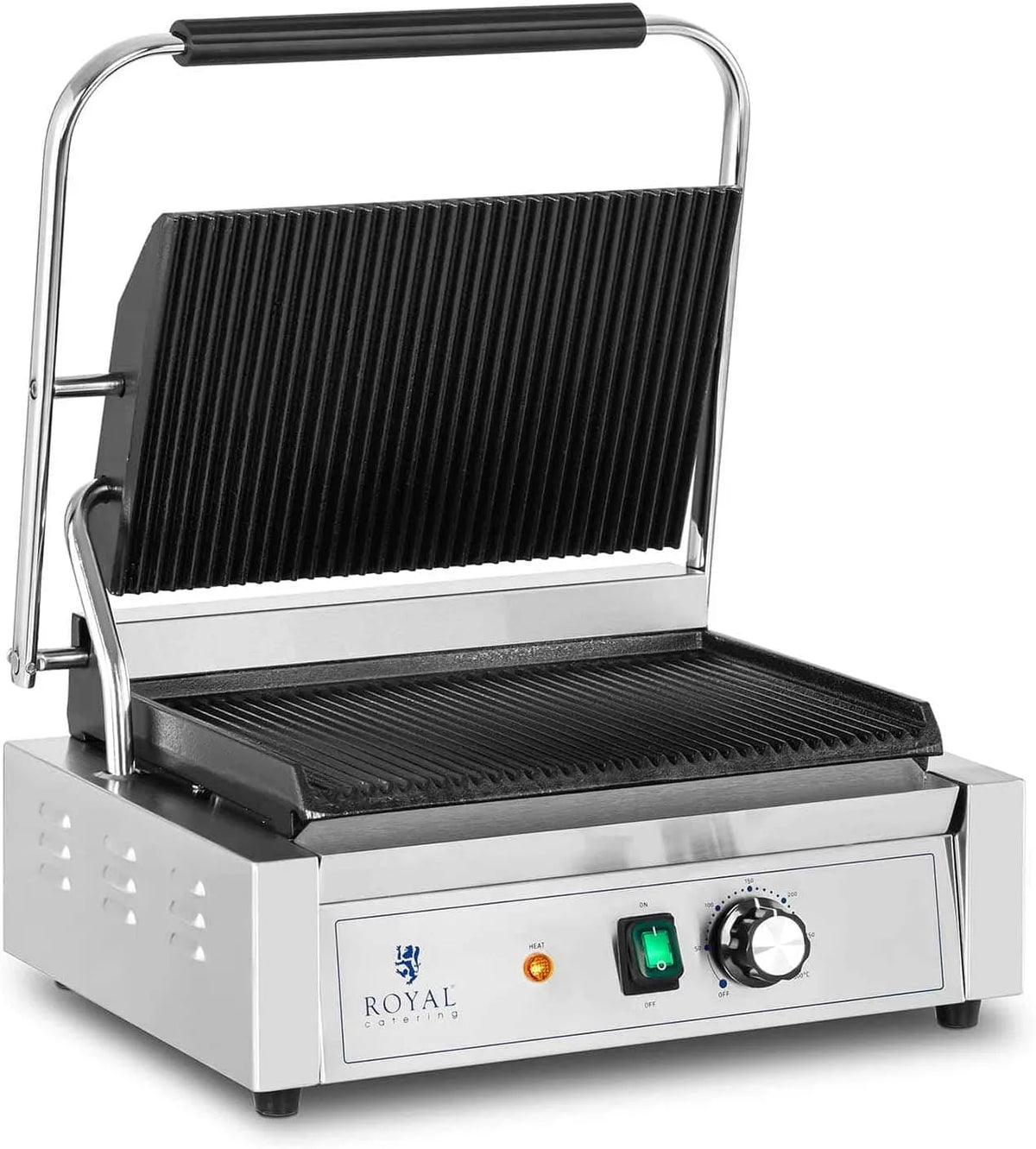 Royal Catering RCPKG-2200-R Contactgrill 2.200 W Geribbeld 50-300 ° C 33 x 22 cm RVS RCPKG-2200-R met 33 x 22 cm