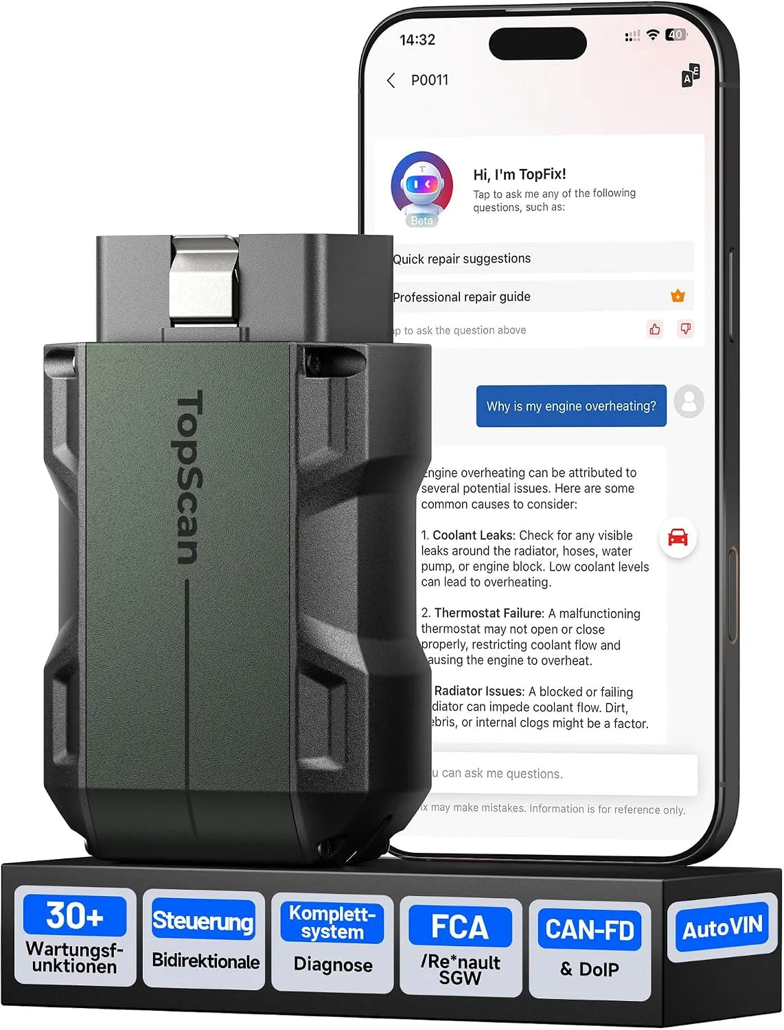 Scanner, OBD2-scanner, Bluetooth, volledige systeemscan voor 120+ Make, 30+ Reset, CAN-FD & DoIP, FCA/Nissan