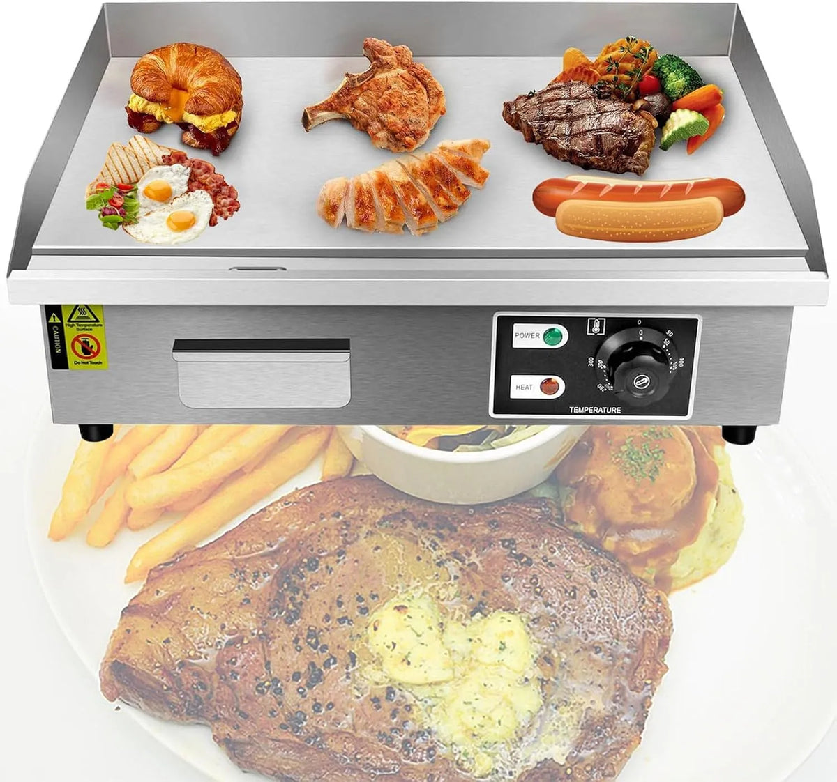 Commerciële Elektrische Bakplaat met 55 cm, 1600 W, 3000 W, 110V, RVS en zilver
