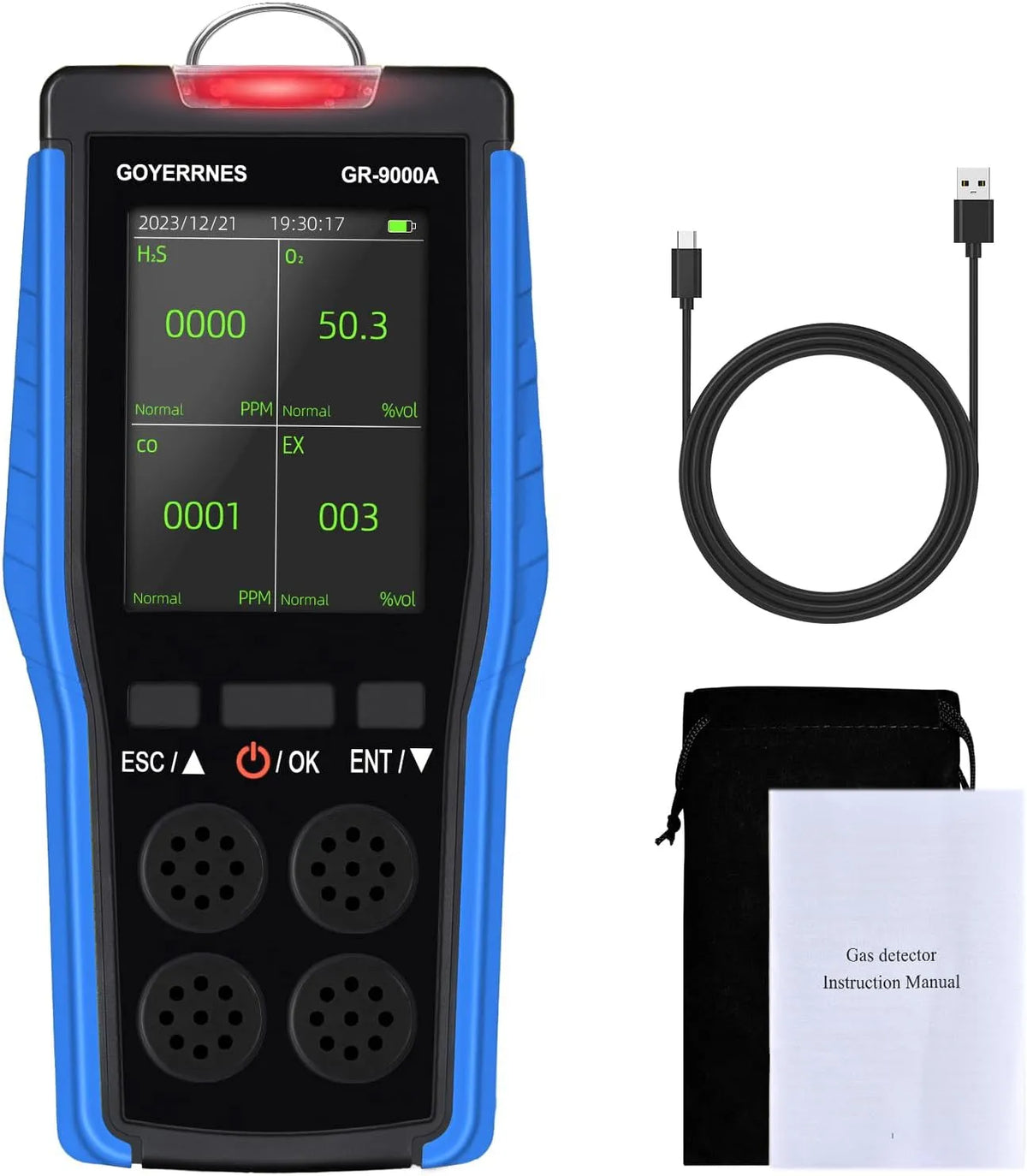 Luchtkwaliteitsmeter, O2, draagbare luchtkwaliteitsdetector, CO, EX alarm, gegevensopslag, O2, waterstofsulfide H2S, zuurstof, brandbare gassen