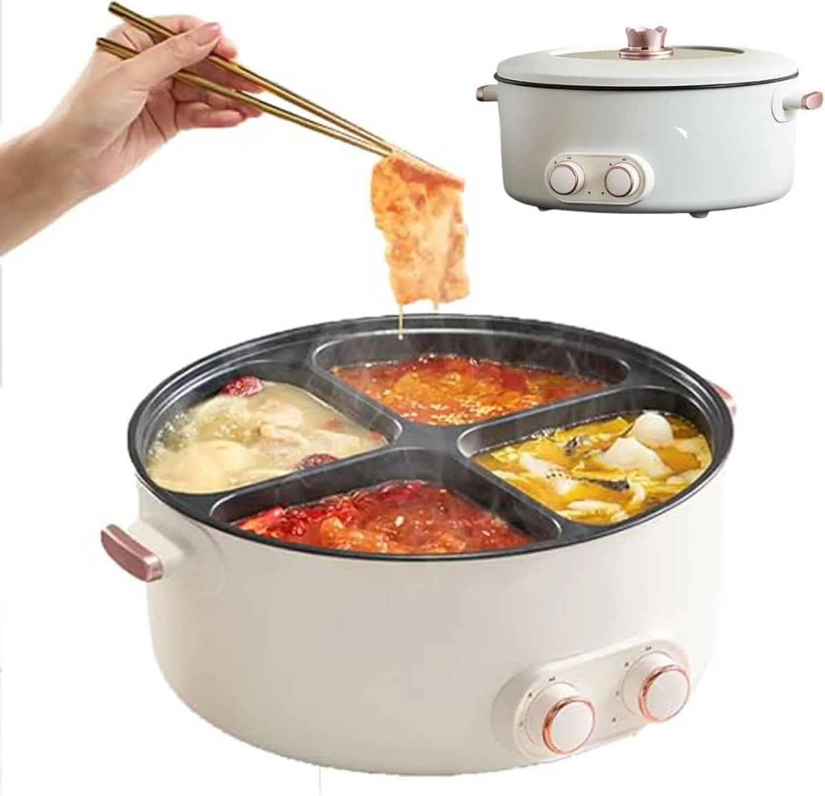 Multifunctionele Stoofpot Met Vier Roosters met 380 x 380 x 240 mm, 2000 W, 6 l, 500 W, 1000 W, regelbare thermostaat, RVS en wit