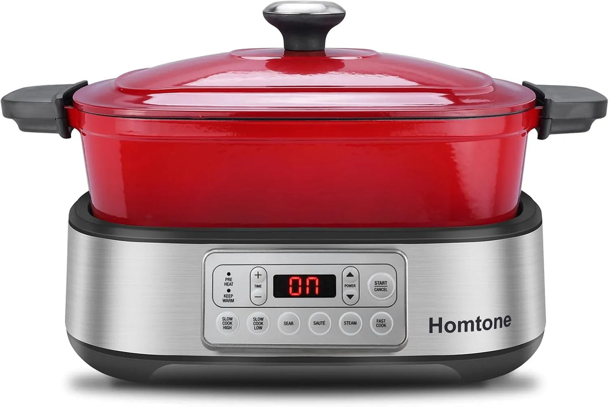 Slowcooker, 6-in-1 slowcooker, programmeerbare afneembare emaille stoofpan, langzaam koken, stomen met stoom, 5,5 l multikoker, keramische
