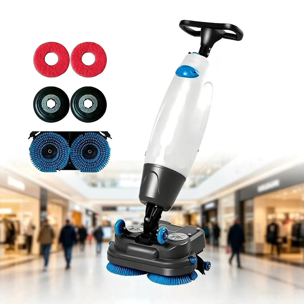 Vloerschrobmachine, praktische apparatuur voor het opruimen van vloeren binnenshuis wit, hoge efficiënte werksnelheid