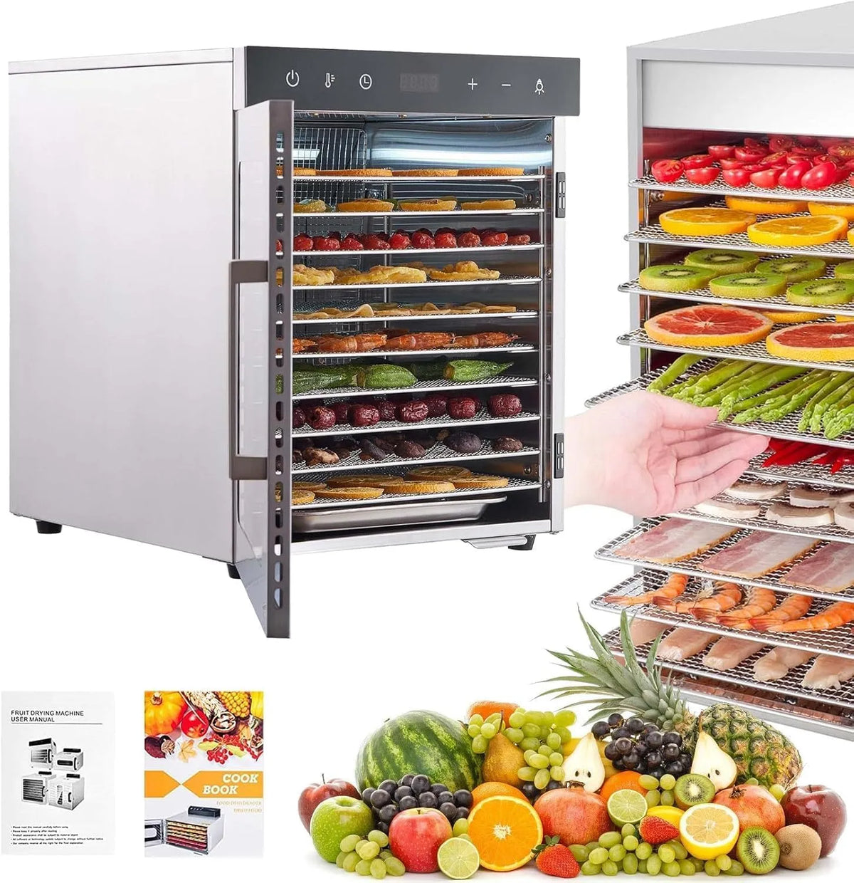 Droger met 800 W, RVS en voor fruitgedroogd fruit, Voedseldroger