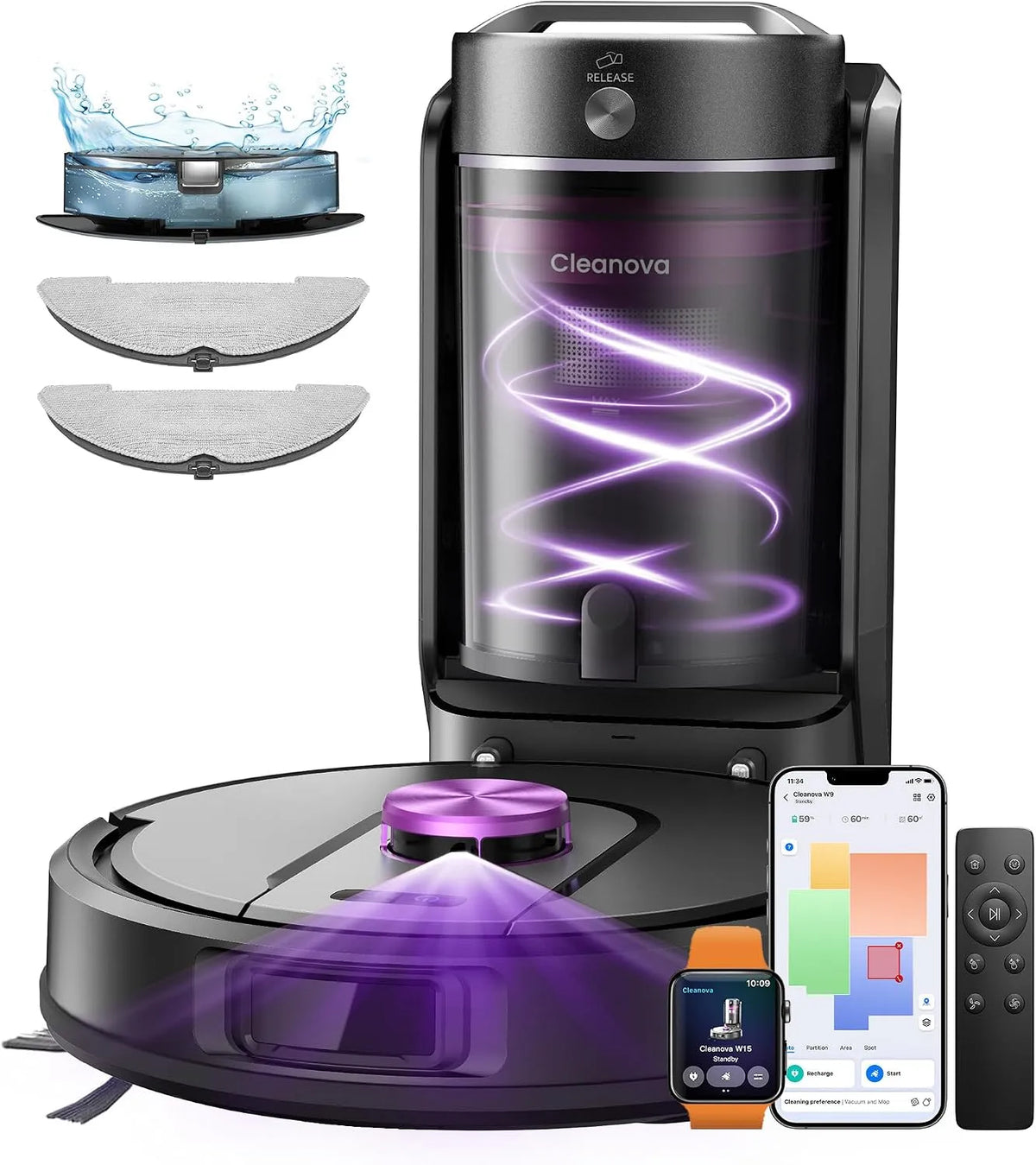 Robotstofzuiger met 10000 Pa, 180 minuten, 3-in-1, 60 dB, 100 mm, 80 mm, 15 mm en 13 mm