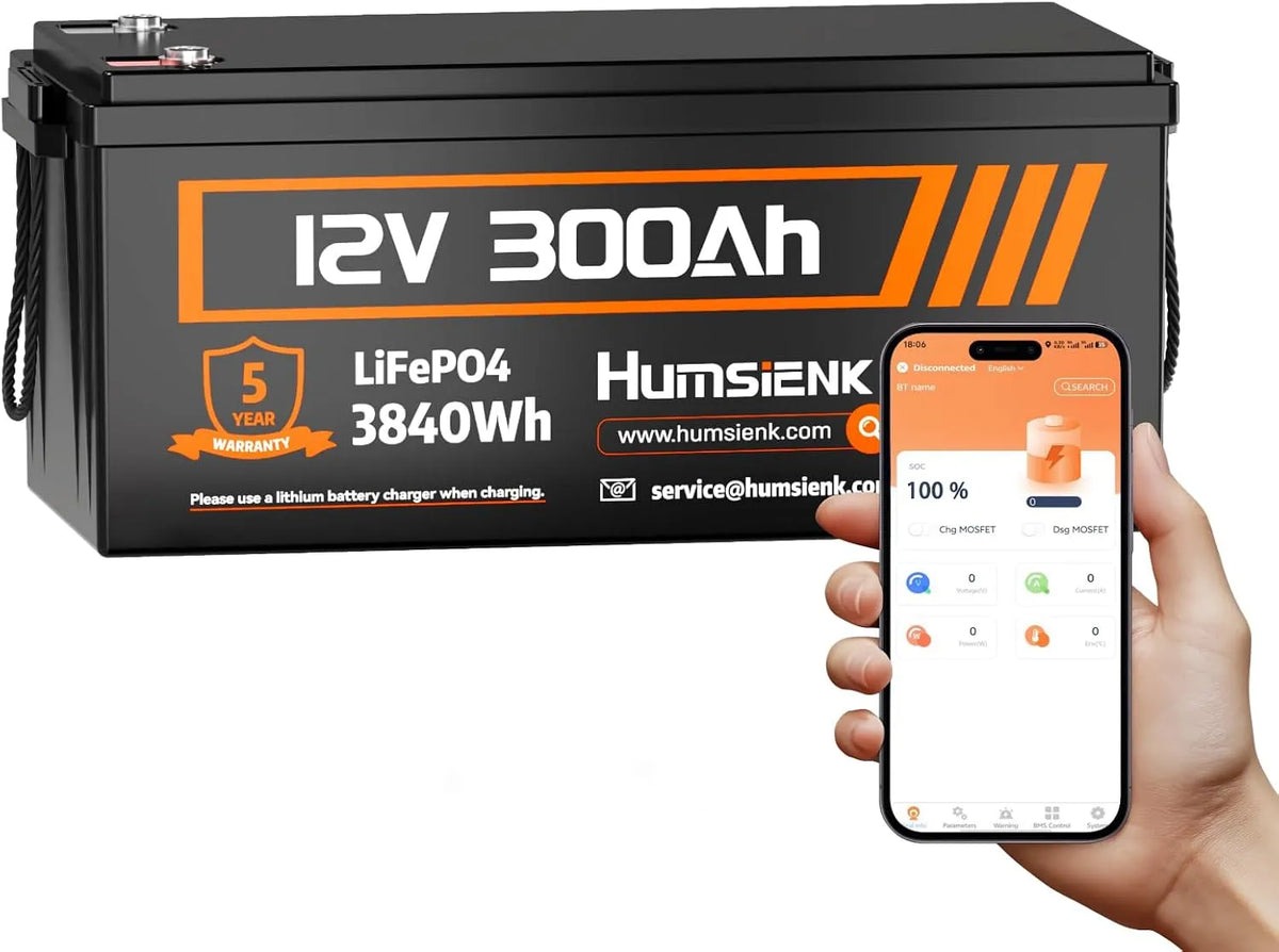 Humsienk LiFePO4 12 V 300 Ah Bluetooth batterij met geïntegreerde 100 A BMS LiFePO4 met 12 V, 3584 Wh, Bluetooth en zonne-energie