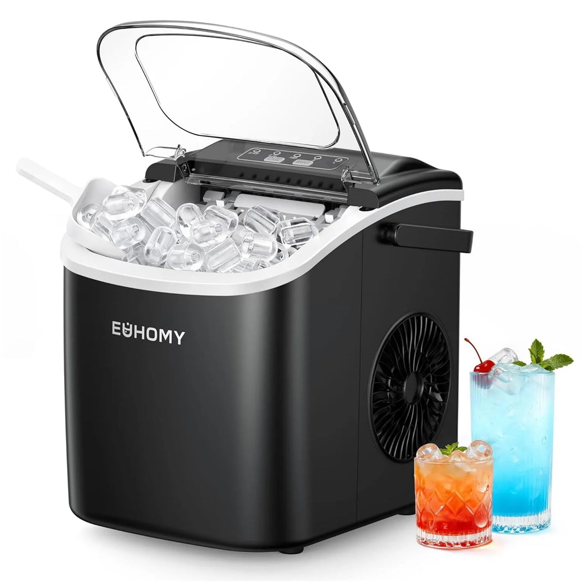 Machine, 9 ijsblokjes in 6 minuten klaar, compact formaat, ijsmaker, zelfreinigende ijsblokjesmachine, 12 kg/24 uur, ijsblokjesmaker, zwarte