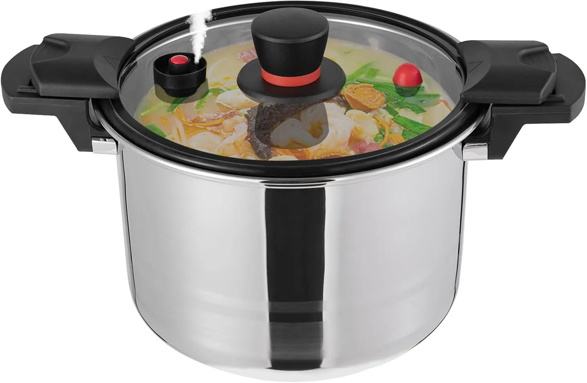 Snelkookpan met RVS, kooksnelkookpan voor inblikken, 7.4Qt, 60KPa snelkookpan met glazen deksel voor alle fornuizen