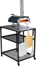 Tafel, 60 x 80 x 90 cm, Compatibel met 12′′ en 16′′ ovens, Grilltafel met in hoogte verstelbare planken en wielen