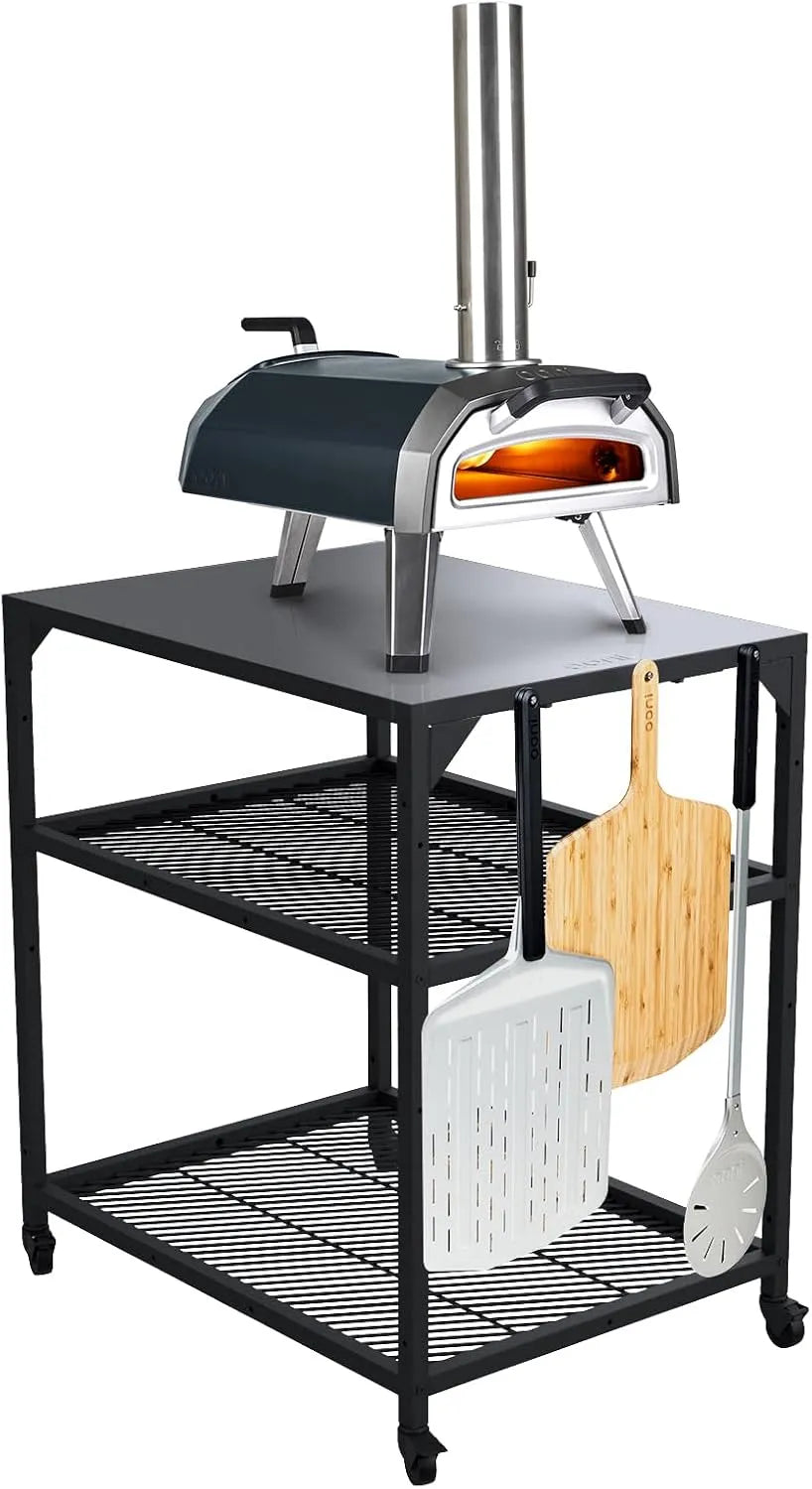 Tafel, 60 x 80 x 90 cm, Compatibel met 12′′ en 16′′ ovens, Grilltafel met in hoogte verstelbare planken en wielen