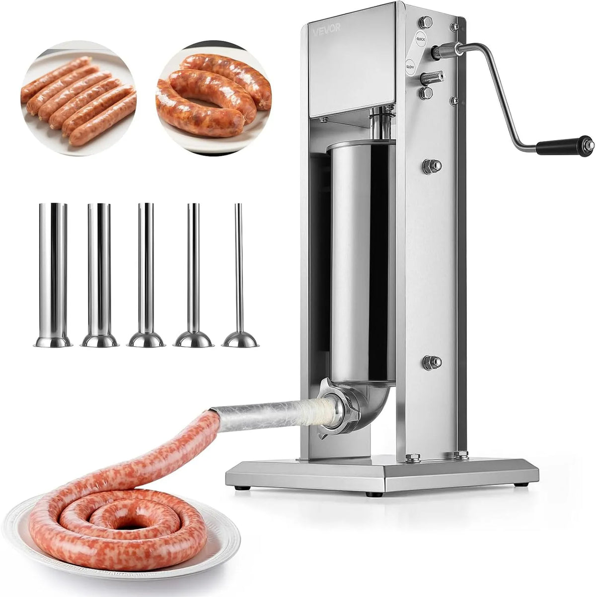Machine, VEVOR Handmatige, dubbele snelheden, roestvrijstalen robuuste vulmachine met 5 vulbuizen, verticale vleesvulmachine, worstvulling