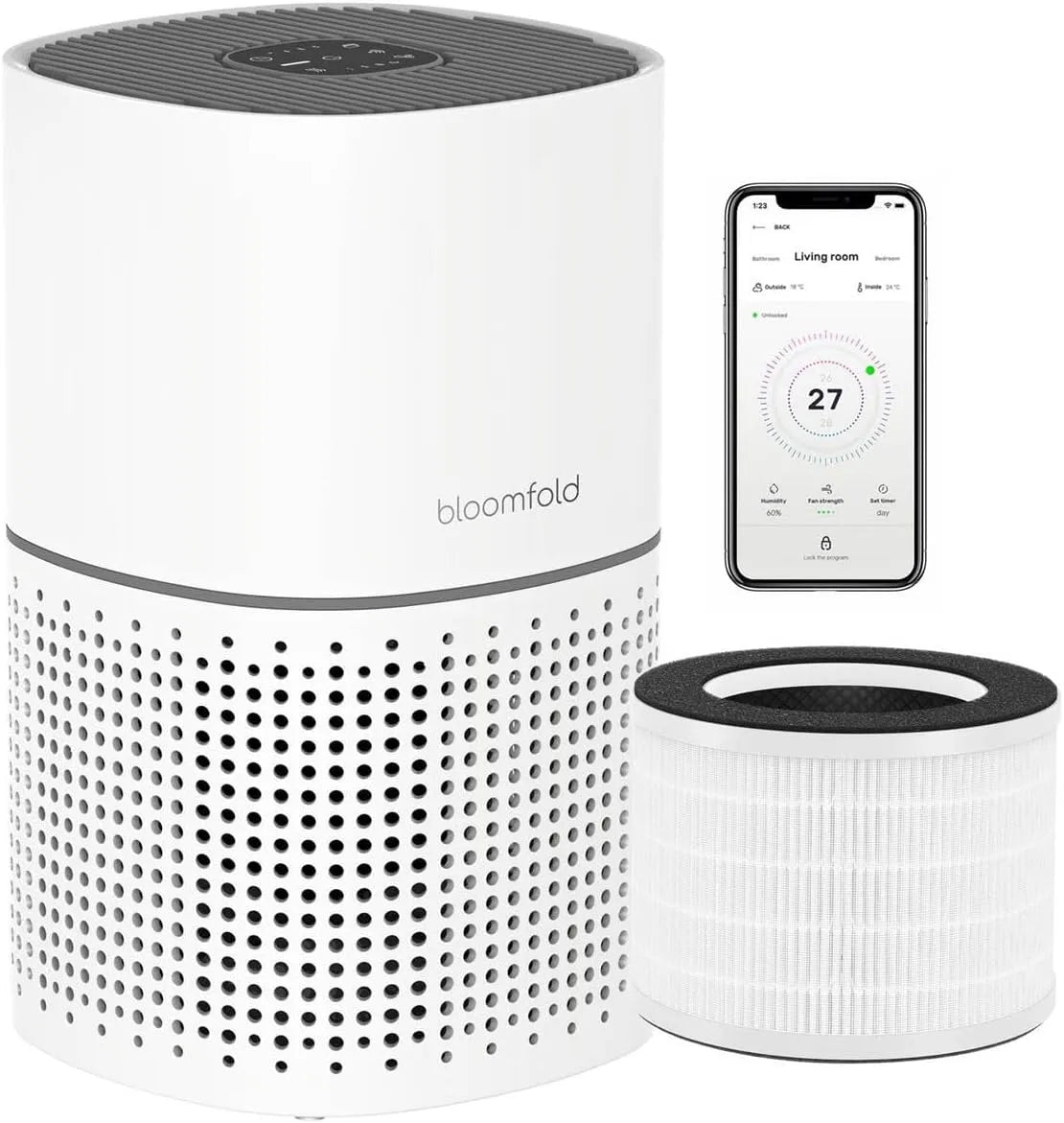 240m3/h, 3 standen, Luchtreiniger, HEPA 13 filter + koolstoffilter, CADR 240m3/h, Wifi modus & App, Bloomfold