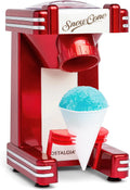 Nostalgia RSM702 Enkele aanrecht sneeuwkegelmaker inclusief 1 herbruikbare plastic bekers en schep RSM702 met RVS en rood