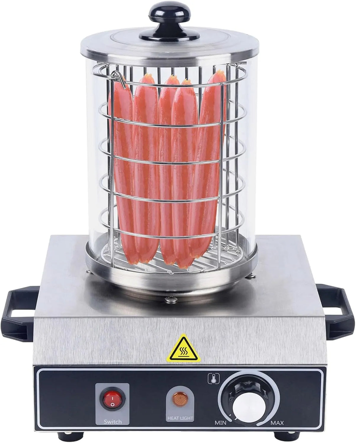 Hotdog machine, 350 W, hotdog machine met temperatuurregeling 30-85 °C, hotdog maker set met glazen cilinder, bockworstwarmer voor worstjes