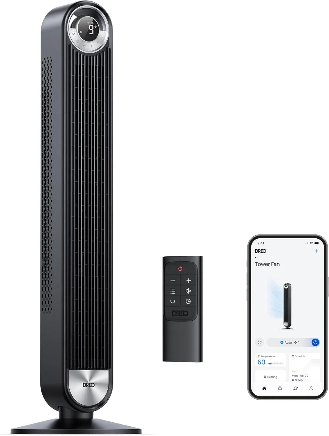 DREO Ventilator met 106 cm, WiFi, 25 dB, 9 snelheden, afstandsbediening, app-bediening, digitaal display en oscillatiefunctie