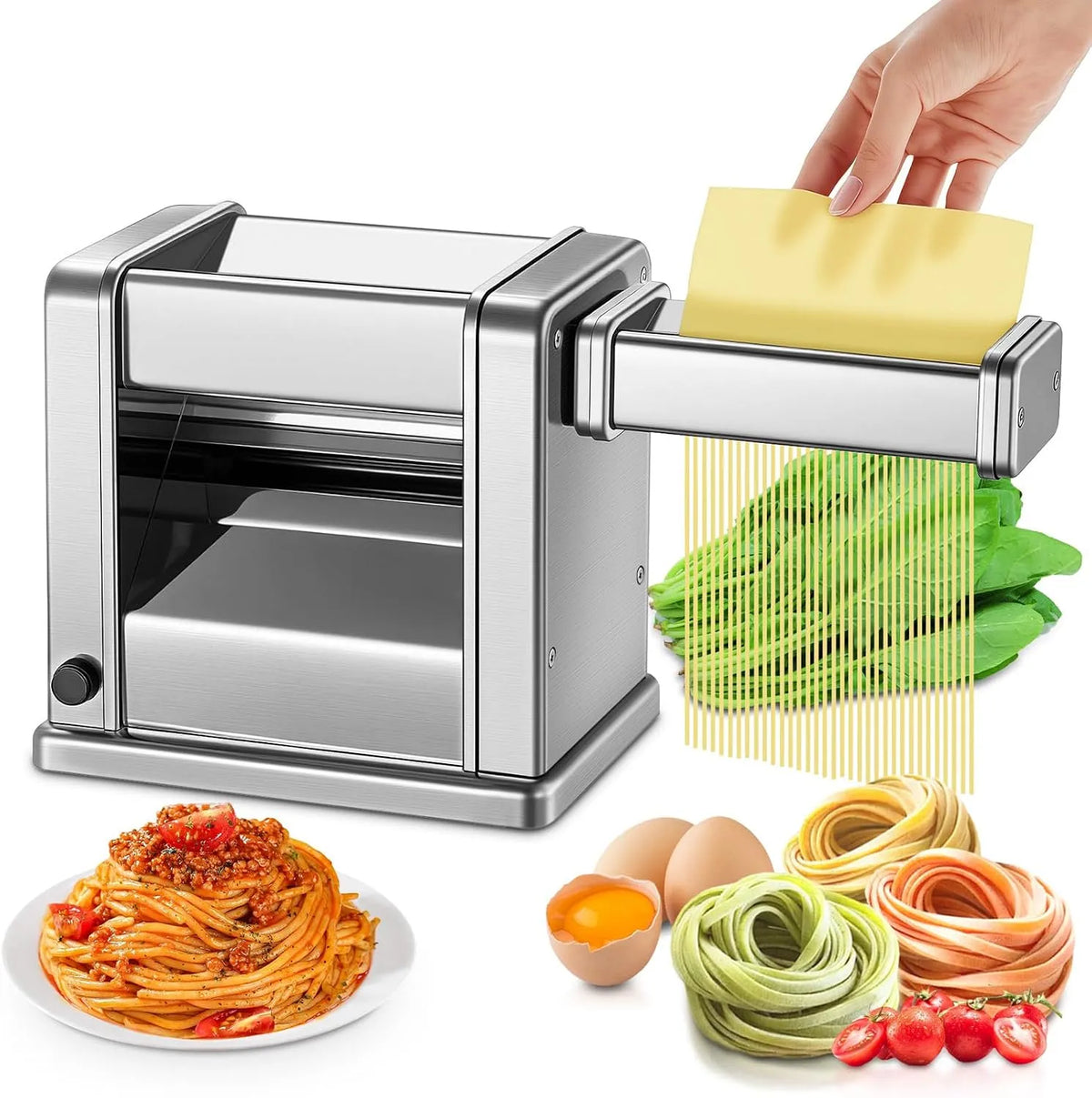 Vaatwasser, 0,5 - 3 mm, met 2 messen 1,5 mm/6,6 mm en 7 verstelbare diktes van 0,5, RVS, voor zelfgemaakte verse pasta of fettuccine, zilver