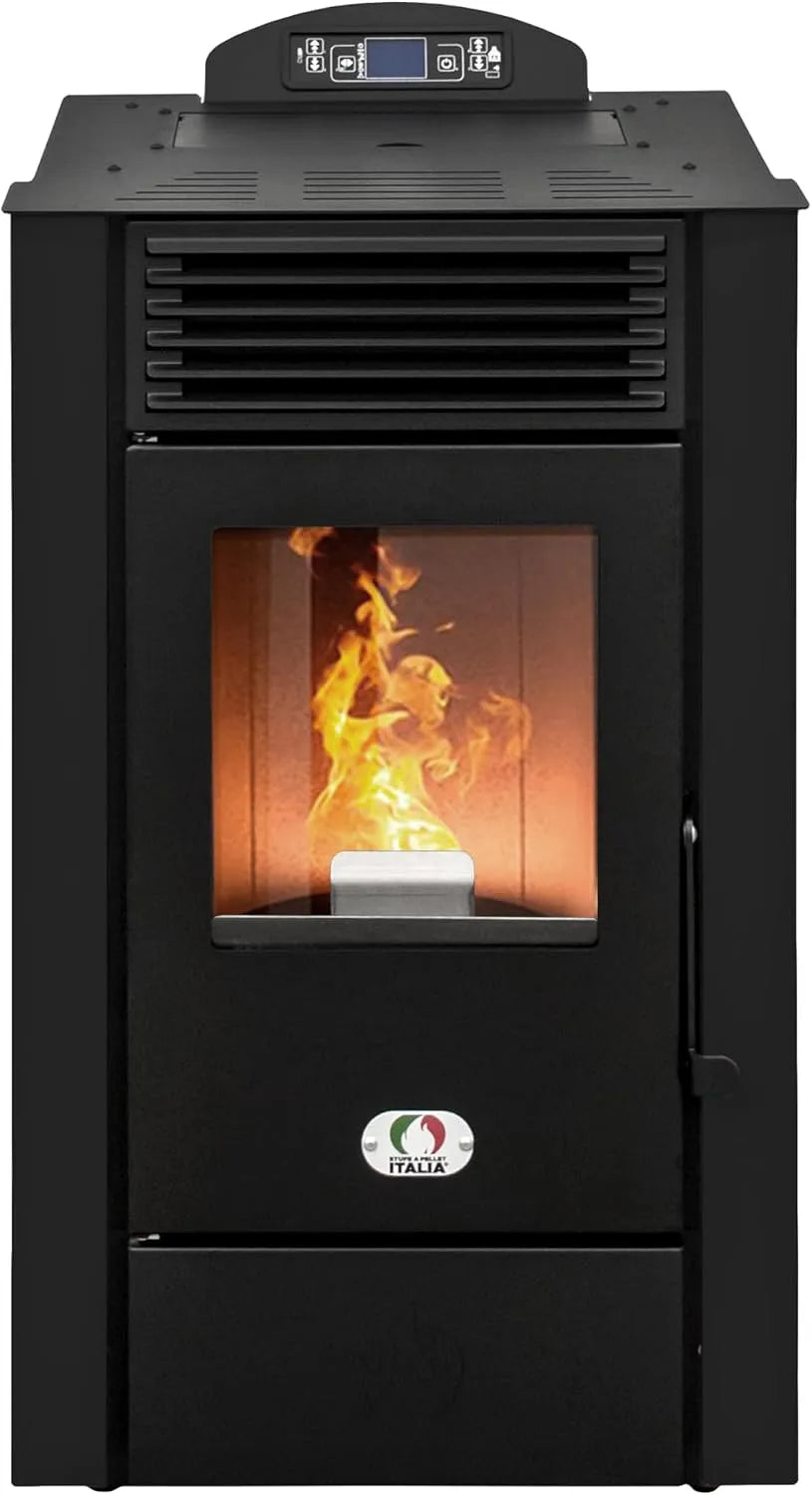 Ventilatorkachel, 10 kW, efficiëntie 91%, 20 uur programmeerbaar, STUFE A PELLET ITALIA Alaska Ventilatorkachel, zwart, wifi, 85 m2, autonomie, 5