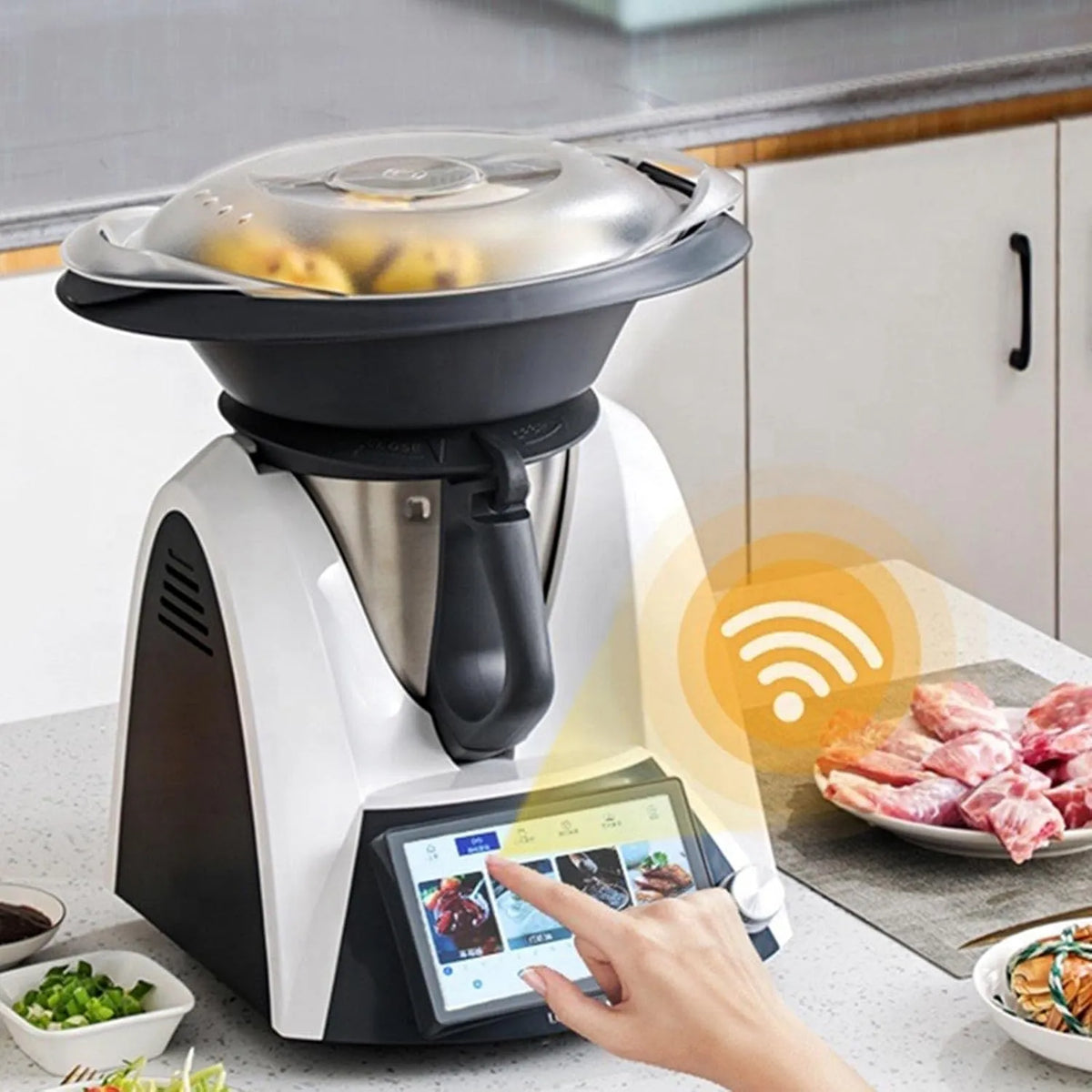 Keukenmachine met 7 inch, 37-160 °C, Bluetooth en 1500 W, Slimme keukenmachine met Bluetooth-app