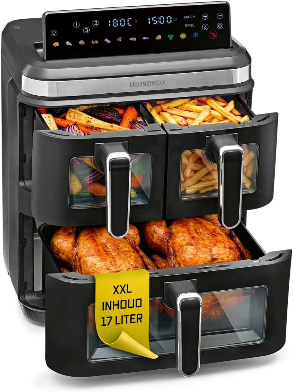 Airfryer, FryUp3, 3 kamers, 17 liter, 12 onetouch-programma's, heteluchtfriteuse XXL, kijkvenster