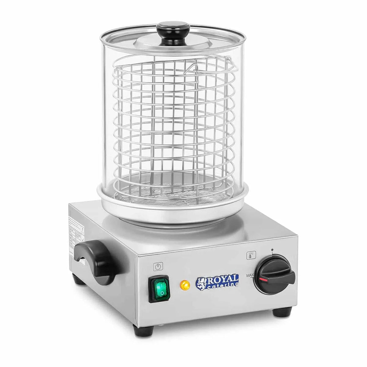 Hot Dog machine, 0 – 110 °C, temperatuur 0, cilinderhoogte 24 cm, max. aantal worstjes 40 .
