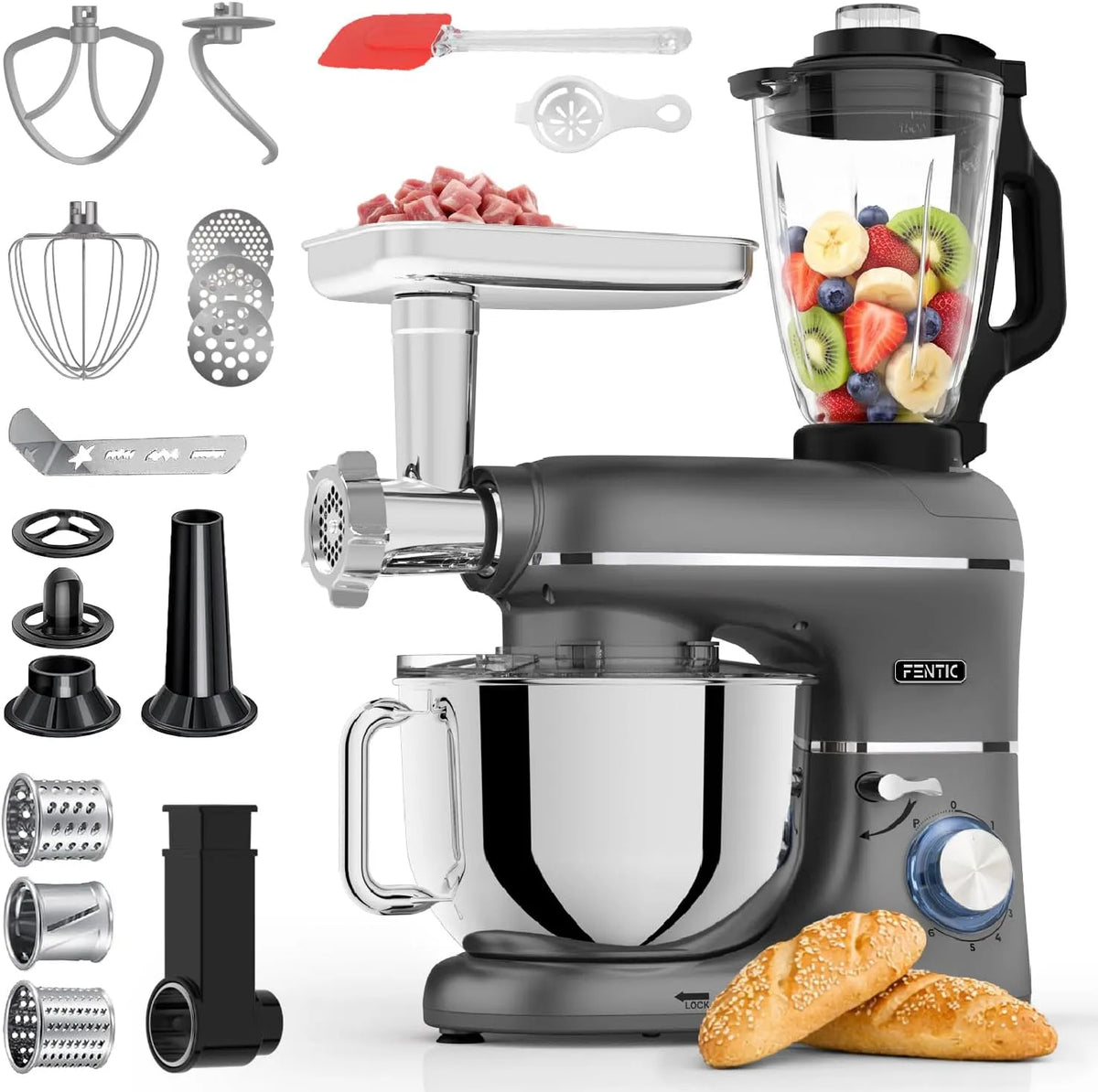 Keukenmachine, 2000 W, 6,2L Mengkom, Keukenrobot, Foodprocessor, Incl. Vleesmolen