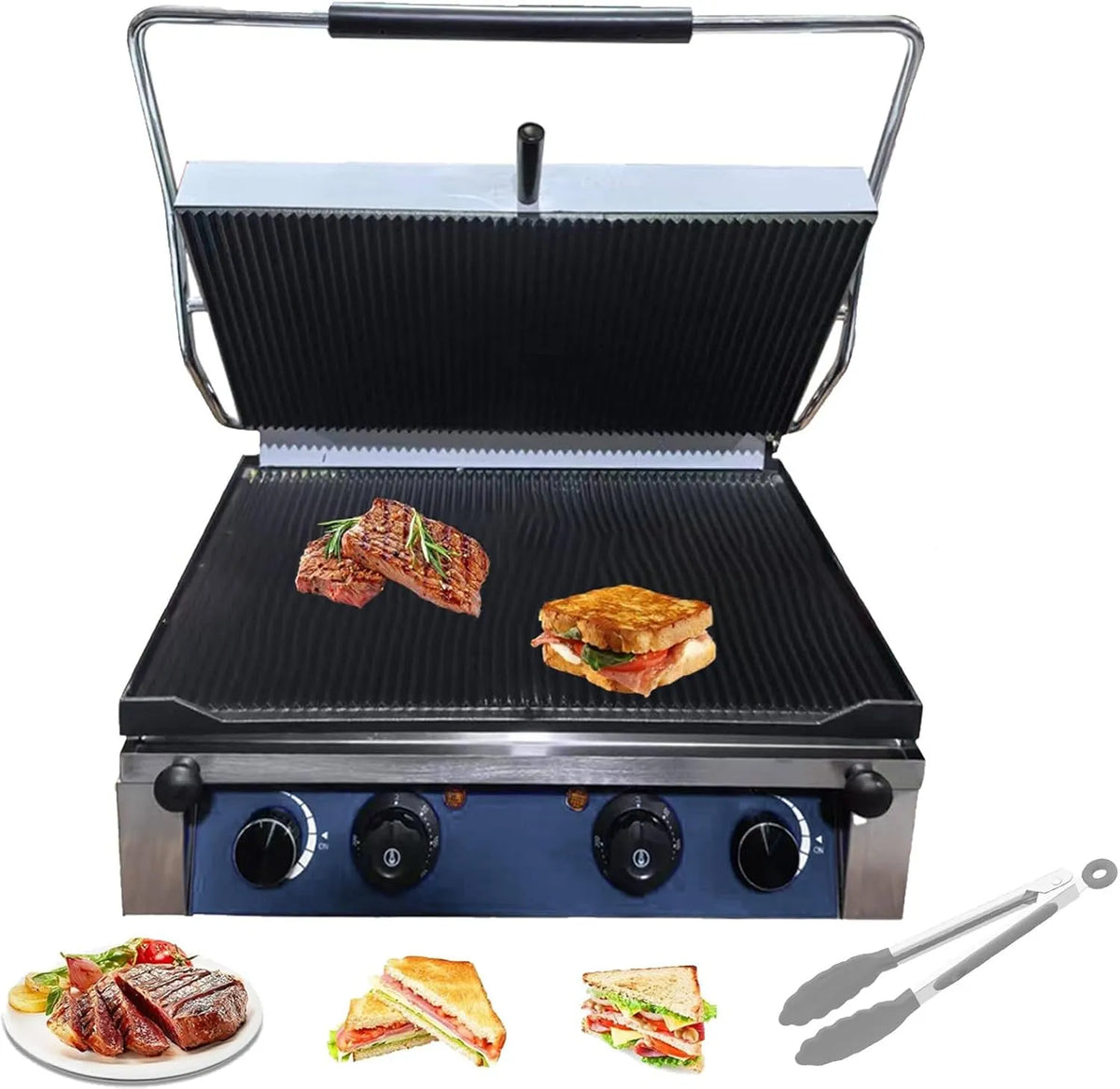 3000 W CommerciëLe Elektrische Panini-Grill met 3000 W, 49 x 31 x 21,5 cm, 220V, 50-300°C, 8,5 inch, regelbare thermostaat en RVS