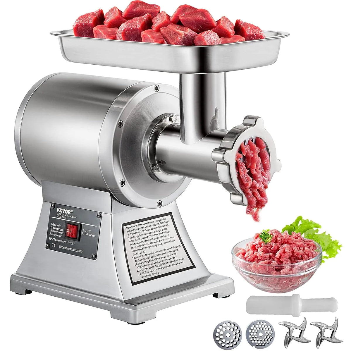Machine, 448 x 210 x 387 mm, 850 W, 150 kg per uur, RVS, 193 omw/min, gehaktmachine, elektrische worstmachine, voor restaurant, supermarkt