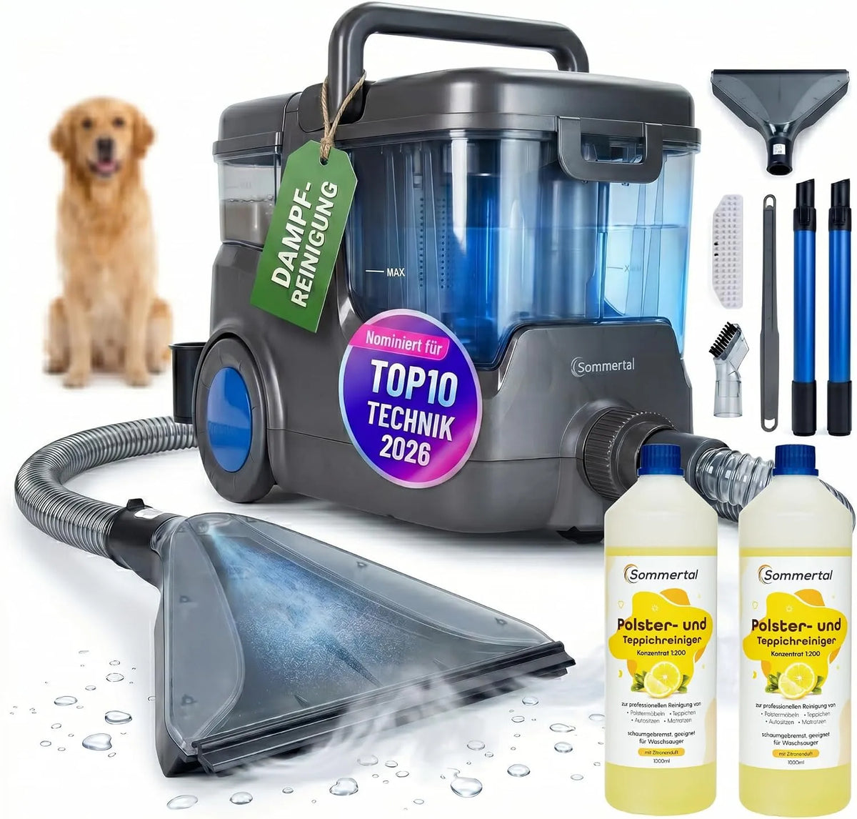 Waszuiger met 20 kPa, 1.000 W, 3 l, 2 l, 2-in-1 en voor tapijt, harde vloeren en dierenharen
