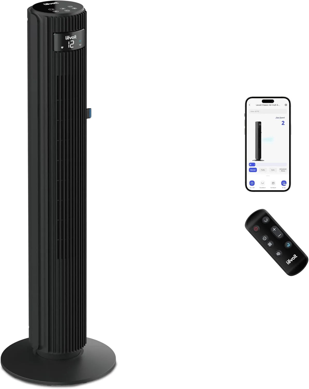 Ventilator, Levoit -, 12 standen, 12 uur timer, 7,9 m/s, Levoit, Smart App torenventilator, geluidsarm ventilator voor slaapkamer, afstandsbediening