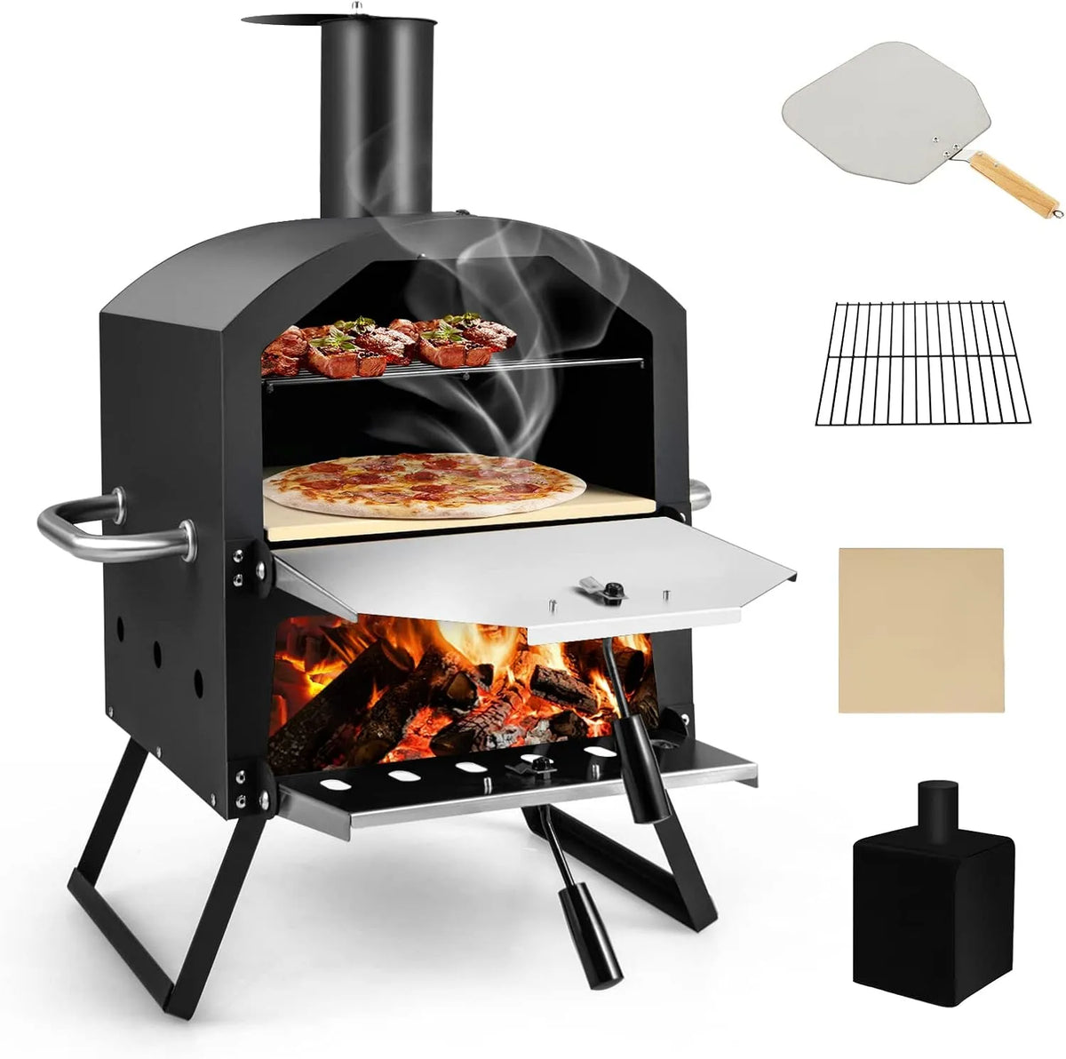 COSTWAY outdoor pizzaoven, 2-laags pizzaoven met grillrooster, waterdicht deksel, voor picknick, feest, pizzasteen, hittebestendige
