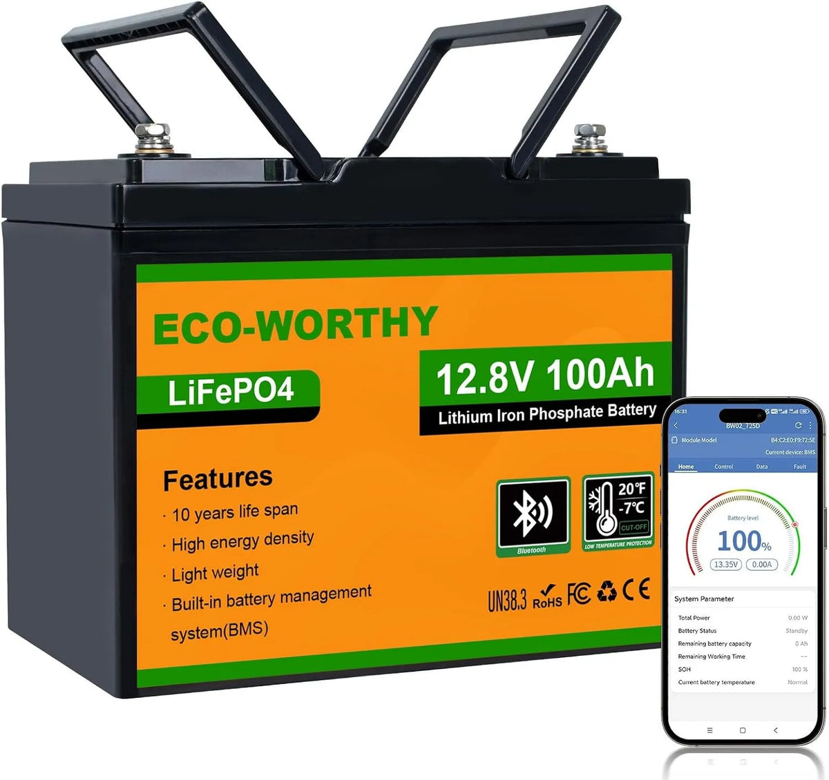 Zonnepaneel, LiFePO4, 100 Ah, 12 V, Bluetooth, 1280 Wh autoaccu voor camper, boot